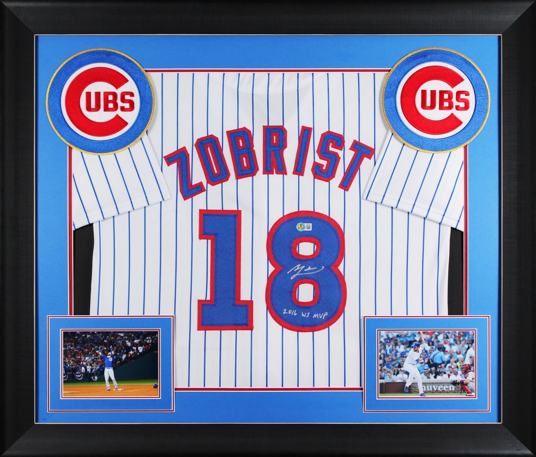 Framed Chicago Cubs jersey signed by Ben Zobrist with 16 WS MVP inscription: Framed Chicago Cubs jersey signed by Ben Zobrist with 16 WS MVP inscription This professionally framed white pinstripe pro style jersey has been personally signed by Ben Zobrist of the Chicago Cubs, f
