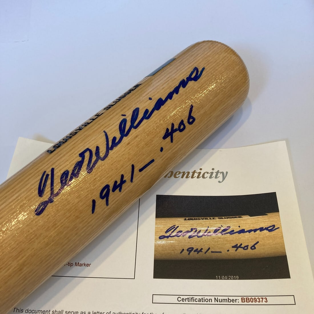 Ted Williams 1941-.406 Signed Baseball Bat JSA COA Mint Condition: Ted Williams 1941-.406 Signed Baseball Bat JSA COA Mint Condition This is a stunning Ted Williams "1941-.406" signed game model baseball bat, featuring an authentic signature verified by James Spence 