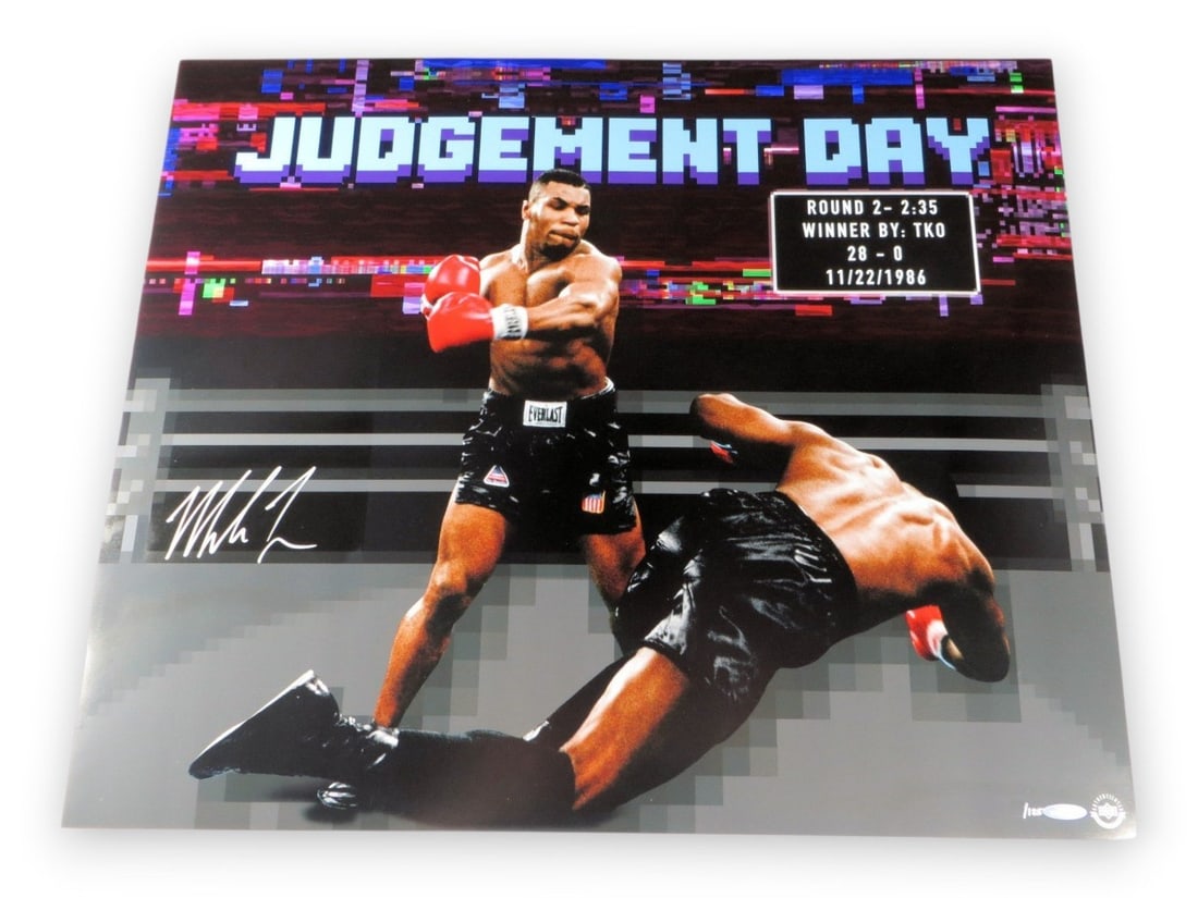 Upper Deck Authenticated Mike Tyson autographed 20X24 boxing photo /125: Upper Deck Authenticated Mike Tyson autographed 20X24 boxing photo /125 Autographed 20 x 24 photo featuring Mike Tyson, titled "86 Young Champ" and numbered out of 125. It is an original boxing photo 