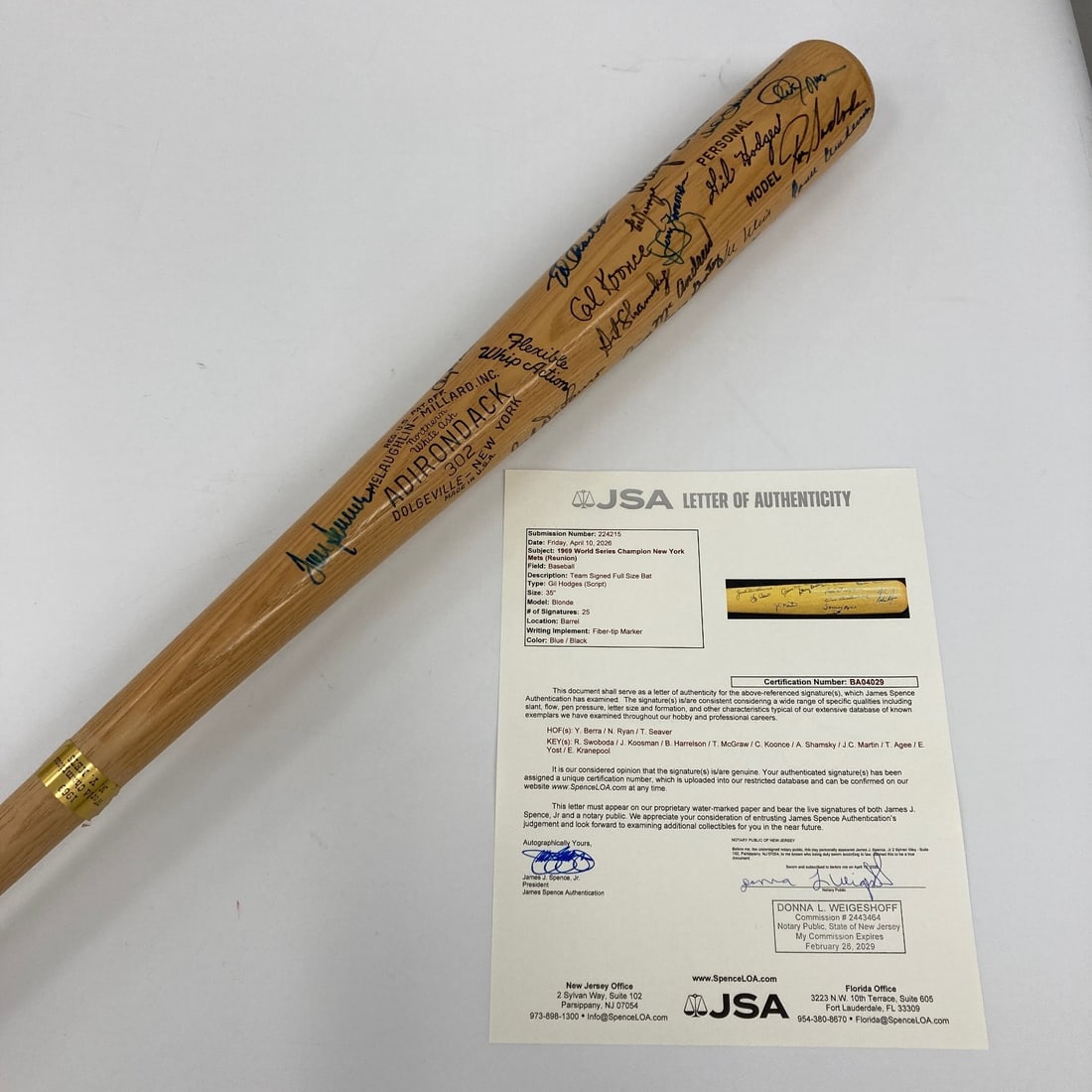 JSA 1969 Mets Team Signed Adirondack Commemorative Bat: JSA 1969 Mets Team Signed Adirondack Commemorative Bat This commemorative Gil Hodges Adirondack bat celebrates the 1969 World Champion New York Mets and is signed by twenty-five team members, includin