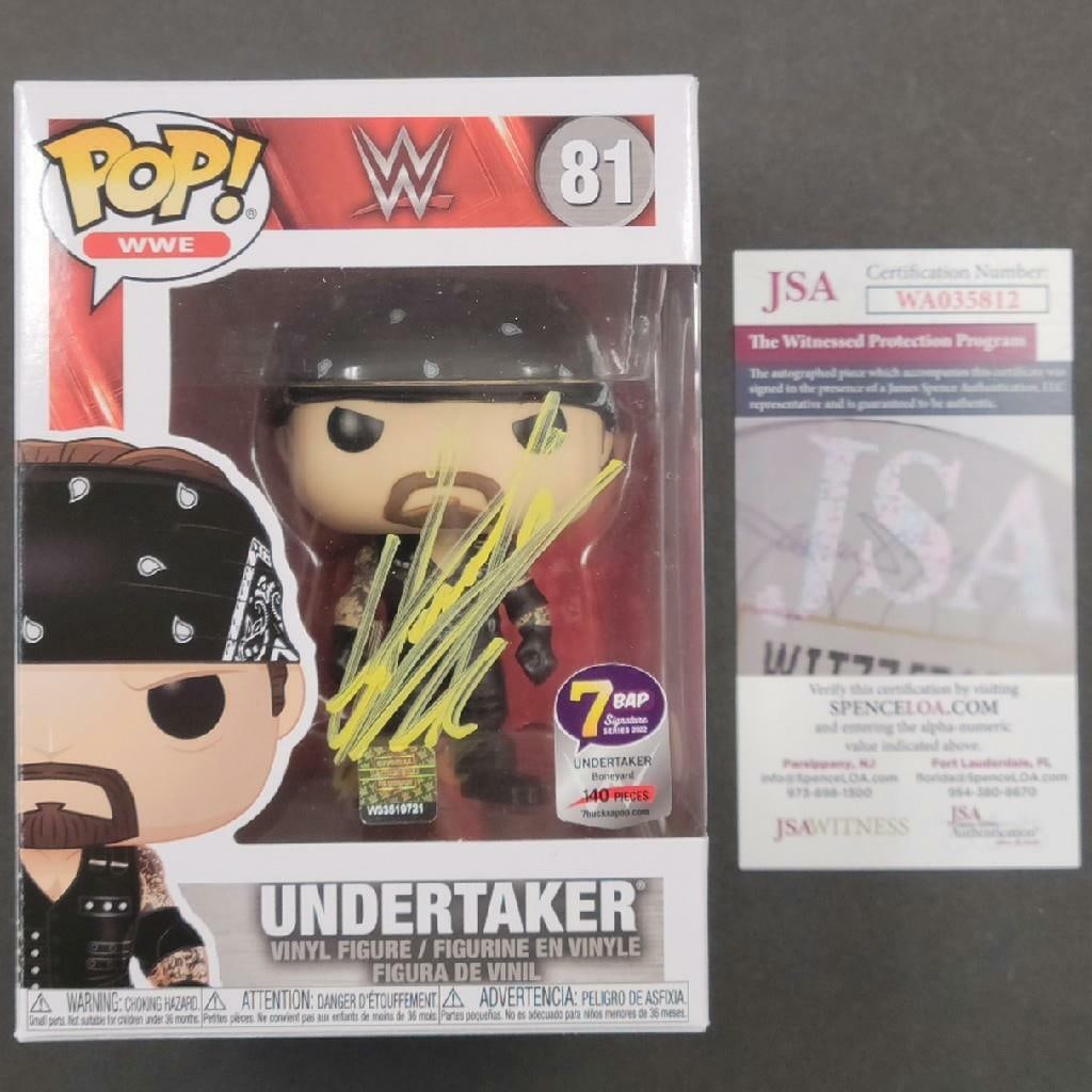 Signed Undertaker Boneyard Funko Pop 7BAP Series Limited to 140 JSA Authenticated: Signed Undertaker Boneyard Funko Pop 7BAP Series Limited to 140 JSA Authenticated This is an original Funko Pop figure from the Signature Series, featuring the Undertaker from WWE. The collectible is 