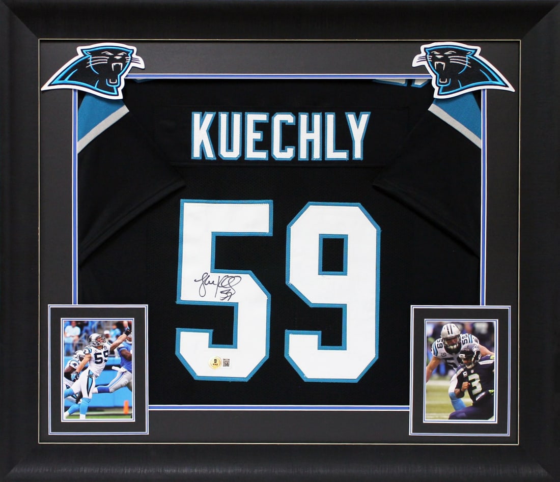 Framed Luke Kuechly Signed Black Jersey Beckett BAS Witnessed (1 of 2)