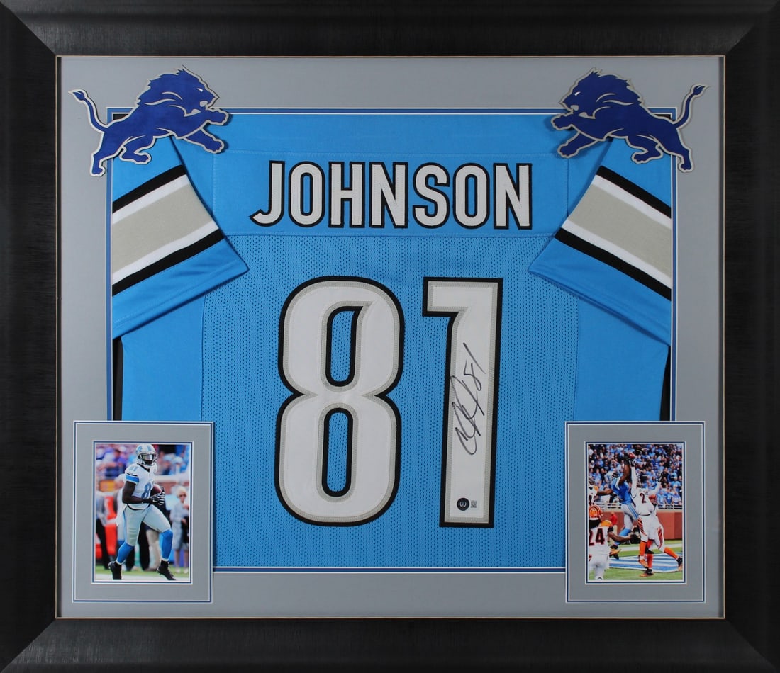 Calvin Johnson Signed Blue Pro Style Framed Jersey BAS Witnessed Detroit Lions: Calvin Johnson Signed Blue Pro Style Framed Jersey BAS Witnessed Detroit Lions Own a piece of sports history with this authentic, signed blue pro style framed jersey of Calvin Johnson, the legendary w