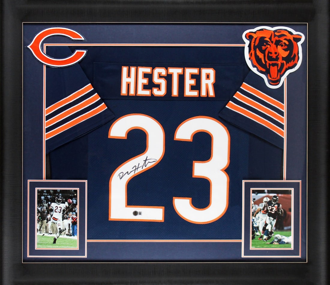 Devin Hester Signed Navy Framed Jersey Chicago Bears BAS Witnessed: Devin Hester Signed Navy Framed Jersey Chicago Bears BAS Witnessed This authentic navy pro style framed jersey is personally signed by Devin Hester, a renowned player of the Chicago Bears. The jersey 