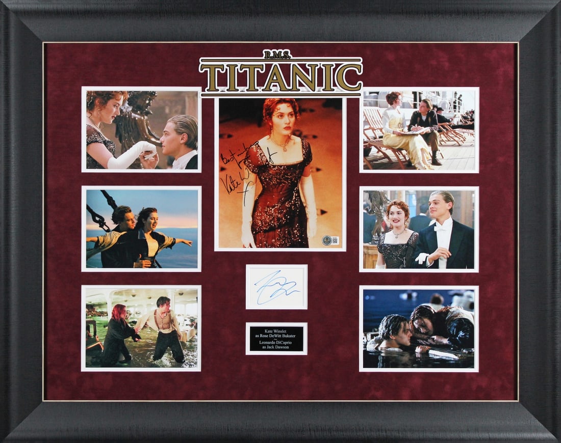 Titanic Signed 8x10 Framed Photo by DiCaprio & Winslet BAS Certified: Titanic Signed 8x10 Framed Photo by DiCaprio & Winslet BAS Certified This stunning 8x10 framed photograph features the iconic signatures of Leonard DiCaprio and Kate Winslet, co-stars of the legendary