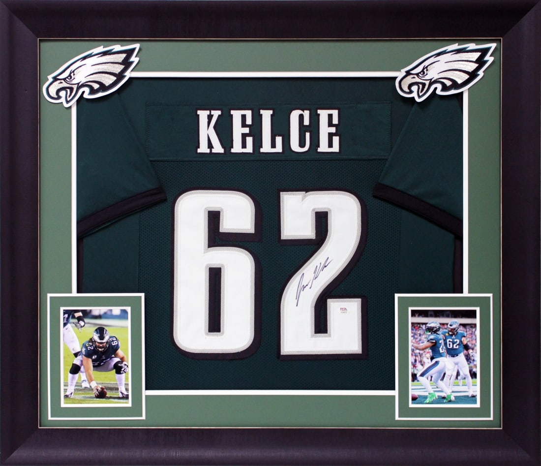 Framed Philadelphia Eagles Jason Kelce signed green pro style jersey PSA authenticated: Framed Philadelphia Eagles Jason Kelce signed green pro style jersey PSA authenticated This professionally framed green pro style jersey has been personally signed by Jason Kelce of the Philadelphia E