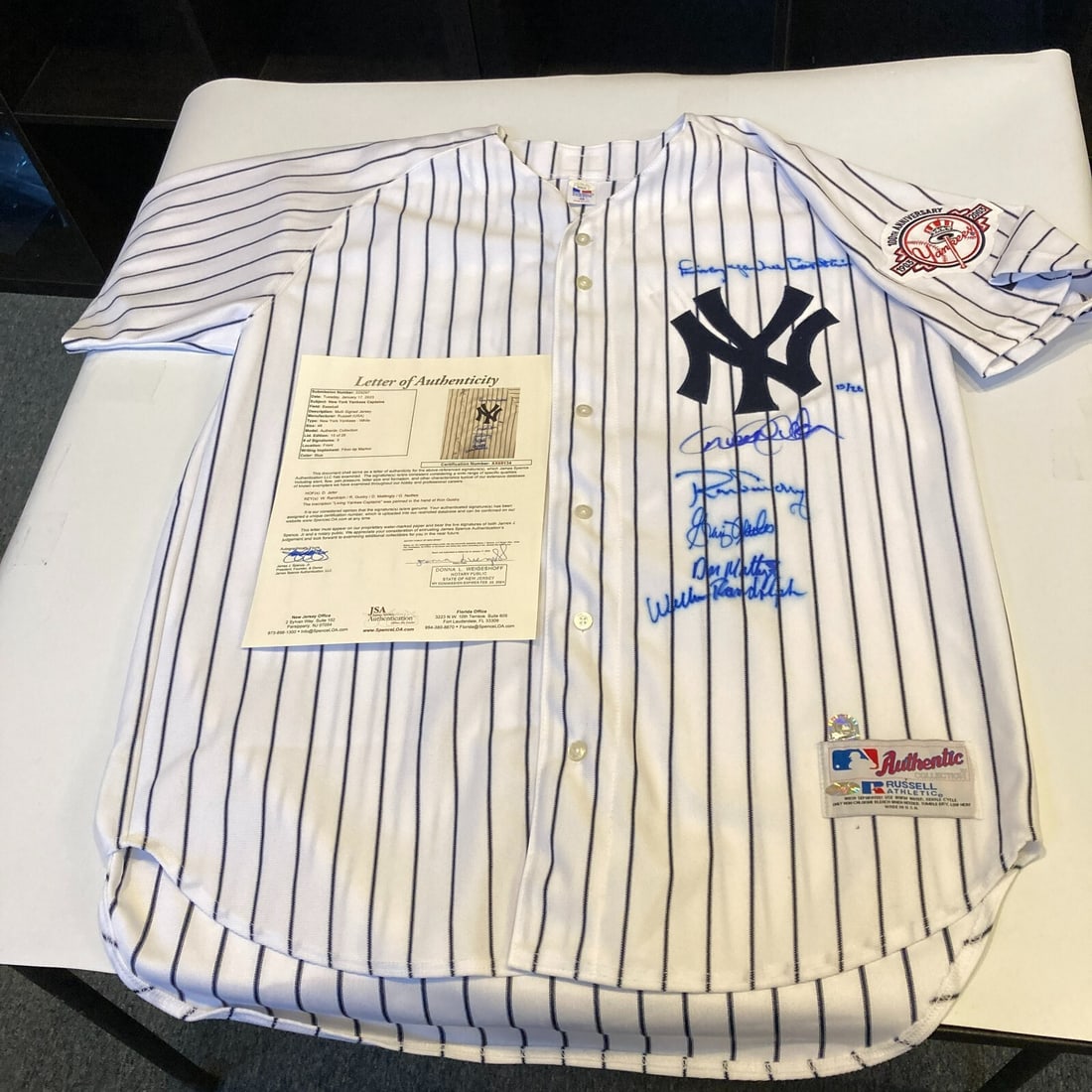 2003 New York Yankees Multi-Signed Jersey Jeter Mattingly JSA COA Limited Edition 15/26: 2003 New York Yankees Multi-Signed Jersey Jeter Mattingly JSA COA Limited Edition 15/26 This authentic New York Yankees jersey, produced by Russell Athletic in size-48, features the signatures of five