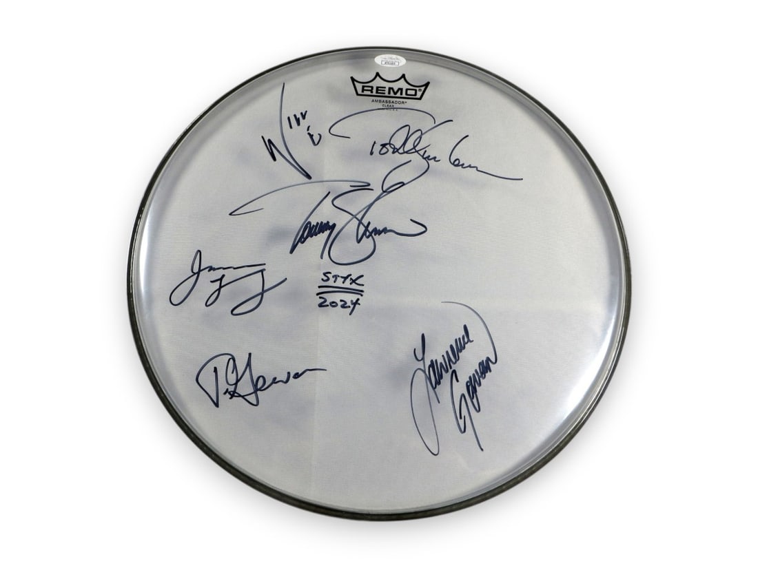 Styx Band Autographed 14 Inch Drumhead 6 Signatures JSA Authenticated: Styx Band Autographed 14 Inch Drumhead 6 Signatures JSA Authenticated This is an authentic 14" drumhead signed by the iconic Styx band members, including James "J.Y." Young, Tommy Shaw, Todd Sucherman