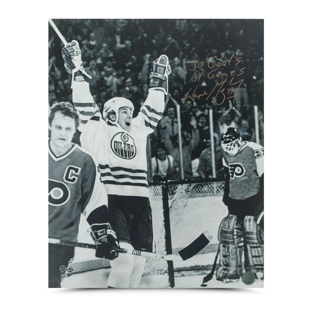 Wayne Gretzky Autographed 16x20 Photo 50 Goals Edmonton Oilers: Wayne Gretzky Autographed 16x20 Photo 50 Goals Edmonton Oilers This stunning 16X20 photo captures Wayne Gretzky in action, commemorating his historic achievement of scoring 50 goals in just 39 games. 