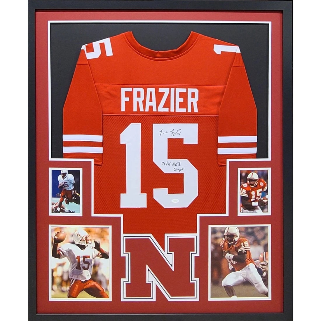 Framed Tommy Frazier Autographed Nebraska Jersey JSA: Framed Tommy Frazier Autographed Nebraska Jersey JSA This framed jersey is autographed by Tommy Frazier and features the Nebraska Cornhuskers logo. The jersey is authenticated by JSA and includes a ta