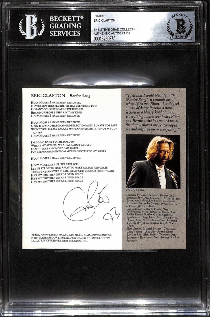 Eric Clapton Vintage Autographed CD Insert 1993 Beckett Certified: Eric Clapton Vintage Autographed CD Insert 1993 Beckett Certified This is an original autographed CD insert signed by the legendary musician Eric Clapton. The signature is rendered in black ballpoint 