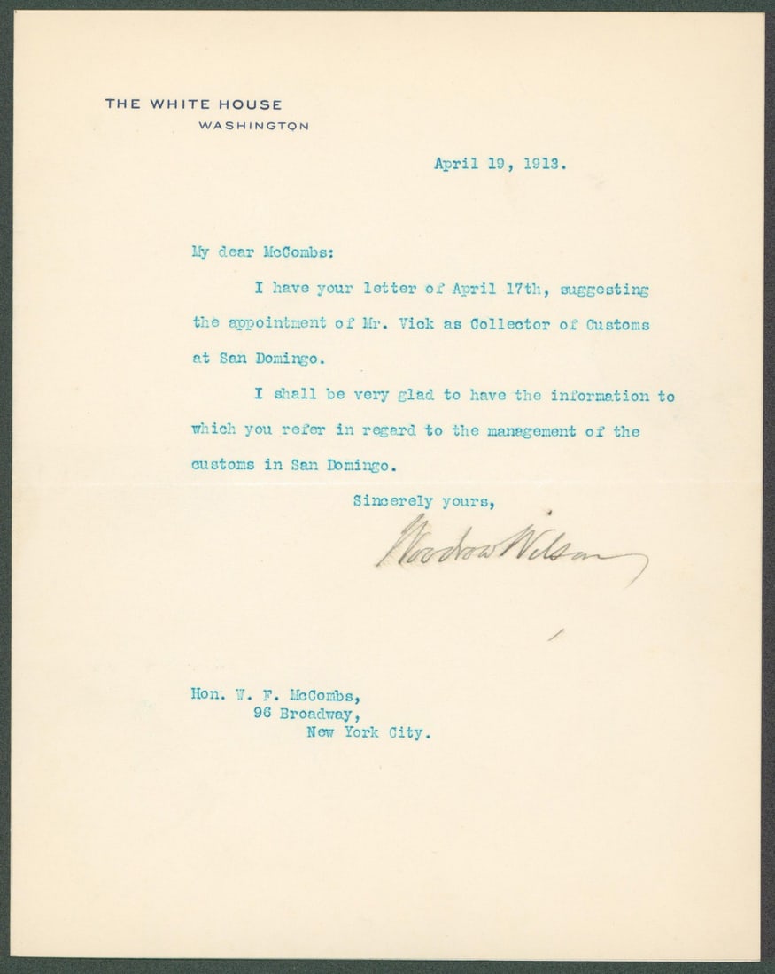 Woodrow Wilson signed White House letter dated April 19 1913 Beckett authenticated (1 of 3)