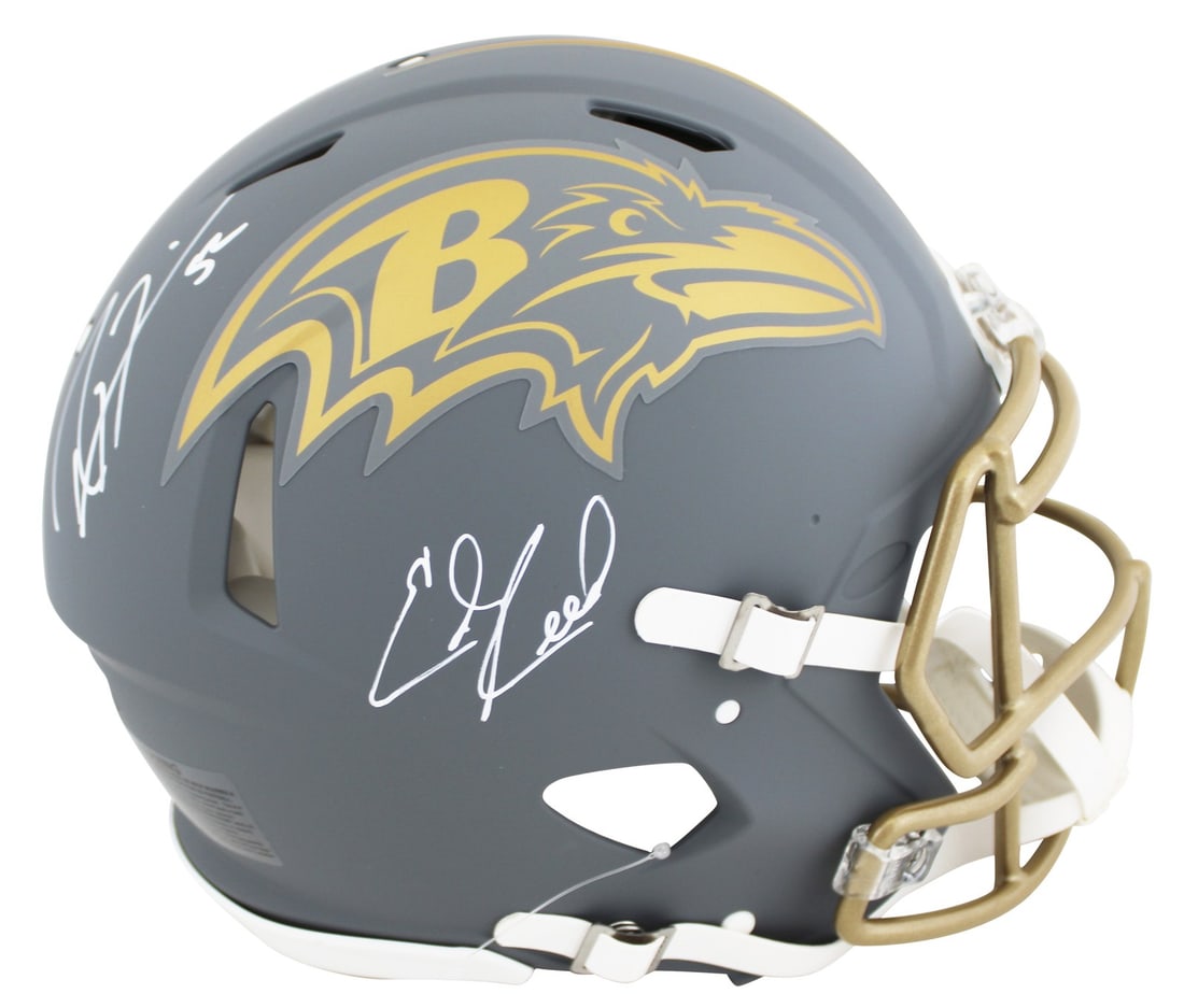 Ray Lewis Ed Reed Signed Ravens Slate Helmet BAS Authenticated: Ray Lewis Ed Reed Signed Ravens Slate Helmet BAS Authenticated This authentic full-size speed proline helmet features the signatures of Ray Lewis and Ed Reed, two legendary players from the Baltimore 