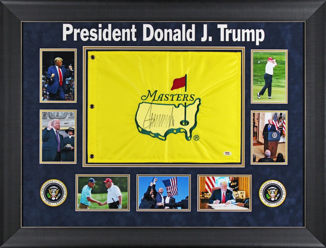 Donald Trump Signed Masters Pin Flag in Frame with PSA DNA Authentication: Donald Trump Signed Masters Pin Flag in Frame with PSA DNA Authentication This pre-owned Masters pin flag has been authentically signed by Donald J. Trump and is presented in a professional frame. The