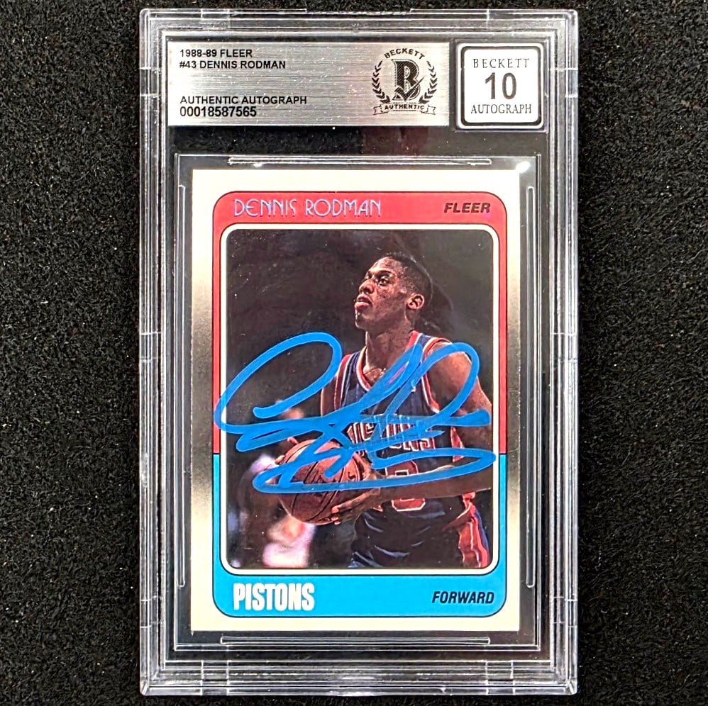 Beckett 10 Dennis Rodman Autographed Fleer 43 Rookie Card BAS: Beckett 10 Dennis Rodman Autographed Fleer 43 Rookie Card BAS Original 1988-89 Fleer #43 rookie sports trading card autographed by Dennis Rodman. This hard-signed card has been graded and authenticate