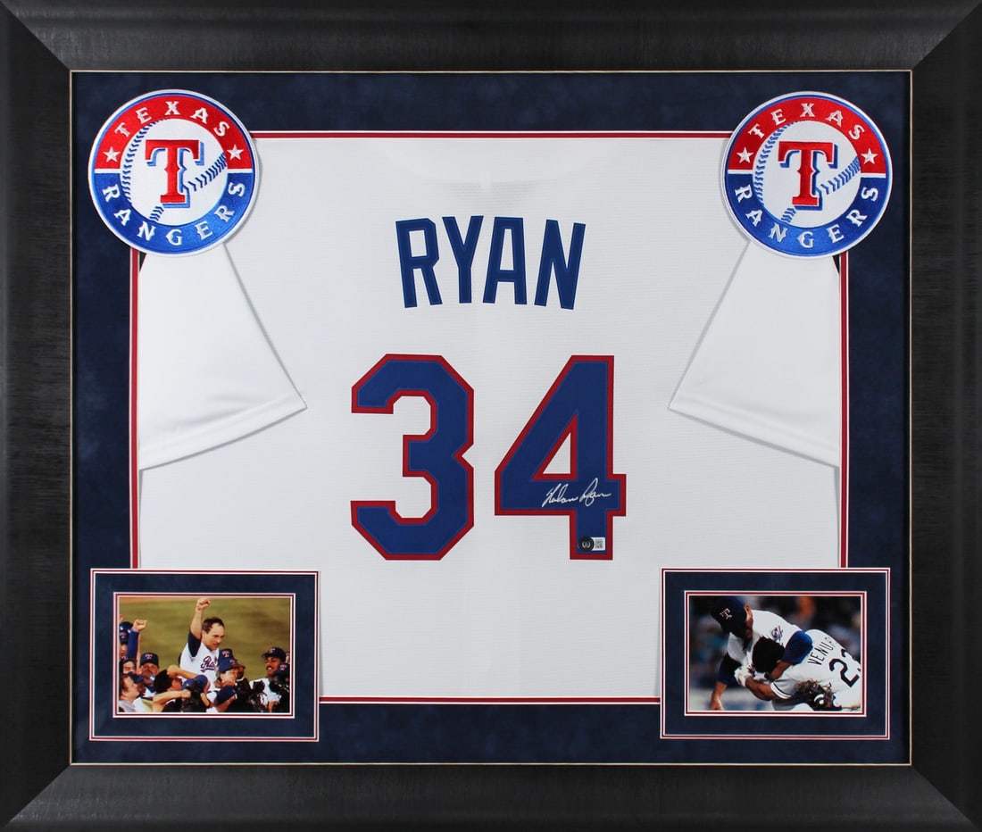 Nolan Ryan Autographed White Nike Framed Jersey Texas Rangers Beckett Authenticated: Nolan Ryan Autographed White Nike Framed Jersey Texas Rangers Beckett Authenticated This authentic autographed white Nike jersey features the legendary Nolan Ryan, a celebrated player of the Texas Ran