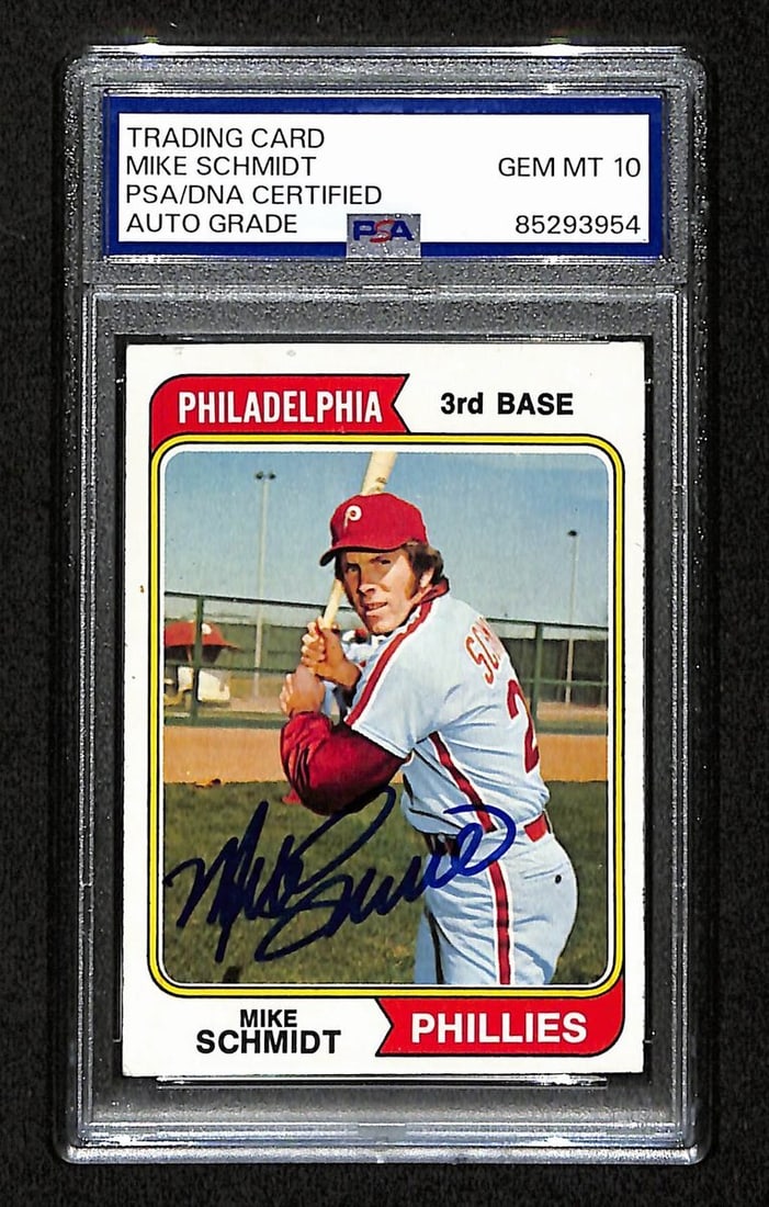 Mike Schmidt Signed 1974 Topps Phillies Card 283 PSA DNA Gem Mint 10 Autograph: Mike Schmidt Signed 1974 Topps Phillies Card 283 PSA DNA Gem Mint 10 Autograph This is an original 1974 Topps #283 baseball card featuring Mike Schmidt of the Philadelphia Phillies. The card has been 