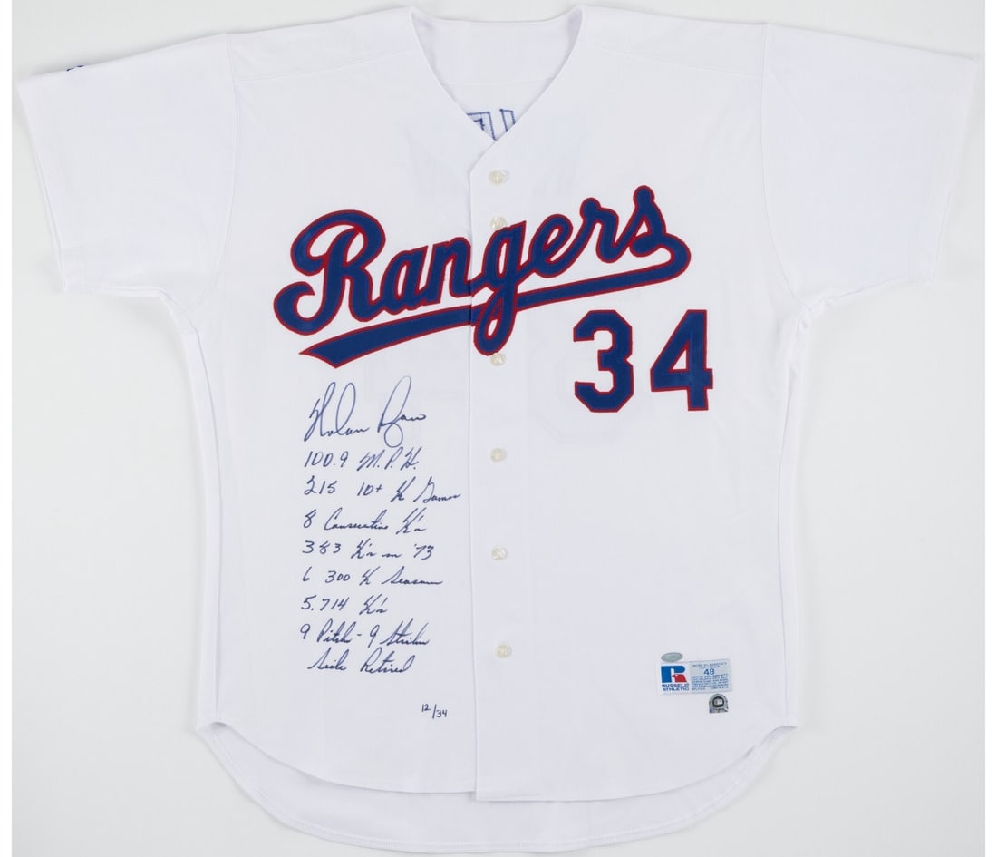 Nolan Ryan Signed Texas Rangers Jersey with 7 Stat Inscriptions Steiner: Nolan Ryan Signed Texas Rangers Jersey with 7 Stat Inscriptions Steiner Celebrate the legacy of baseball legend Nolan Ryan with this authentic Texas Rangers jersey. This pre-owned jersey, featuring a 
