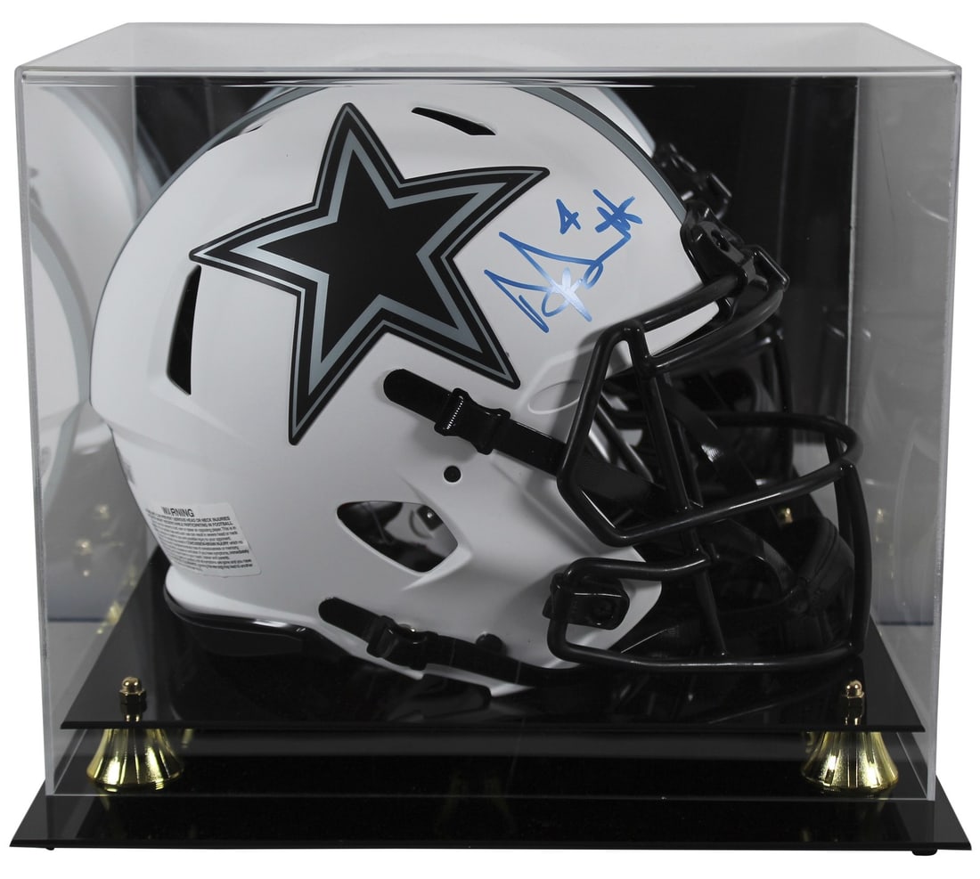 Dak Prescott Signed Lunar Full Size Helmet with Display Case Beckett Authenticated: Dak Prescott Signed Lunar Full Size Helmet with Display Case Beckett Authenticated This authentic Dak Prescott signed lunar full-size speed Proline helmet from the Dallas Cowboys is a must-have for an