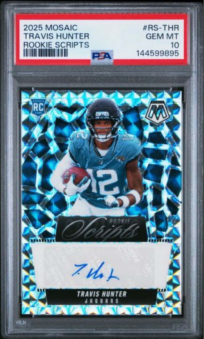 PSA 10 Travis Hunter 2025 Mosaic Rookie Scripts RC Autograph Football Card (1 of 2)