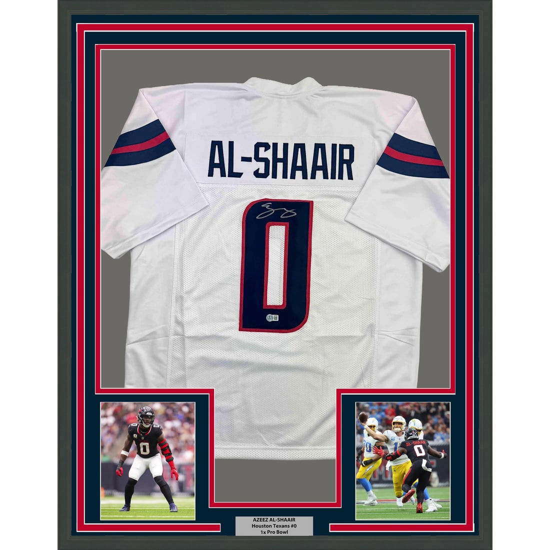 Azeez Al Shaair Signed Houston Texans Jersey 35x39 Framed Beckett Authenticated: Azeez Al Shaair Signed Houston Texans Jersey 35x39 Framed Beckett Authenticated This professionally framed and matted display features an autographed Houston Texans white jersey signed by Azeez Al Sha