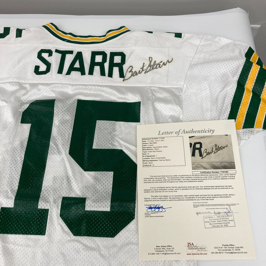 Bart Starr Signed Green Bay Packers Game Jersey with JSA COA: Bart Starr Signed Green Bay Packers Game Jersey with JSA COA Celebrate the legacy of football legend Bart Starr with this authentic Green Bay Packers Wilson Game Model Jersey. This pre-owned jersey is
