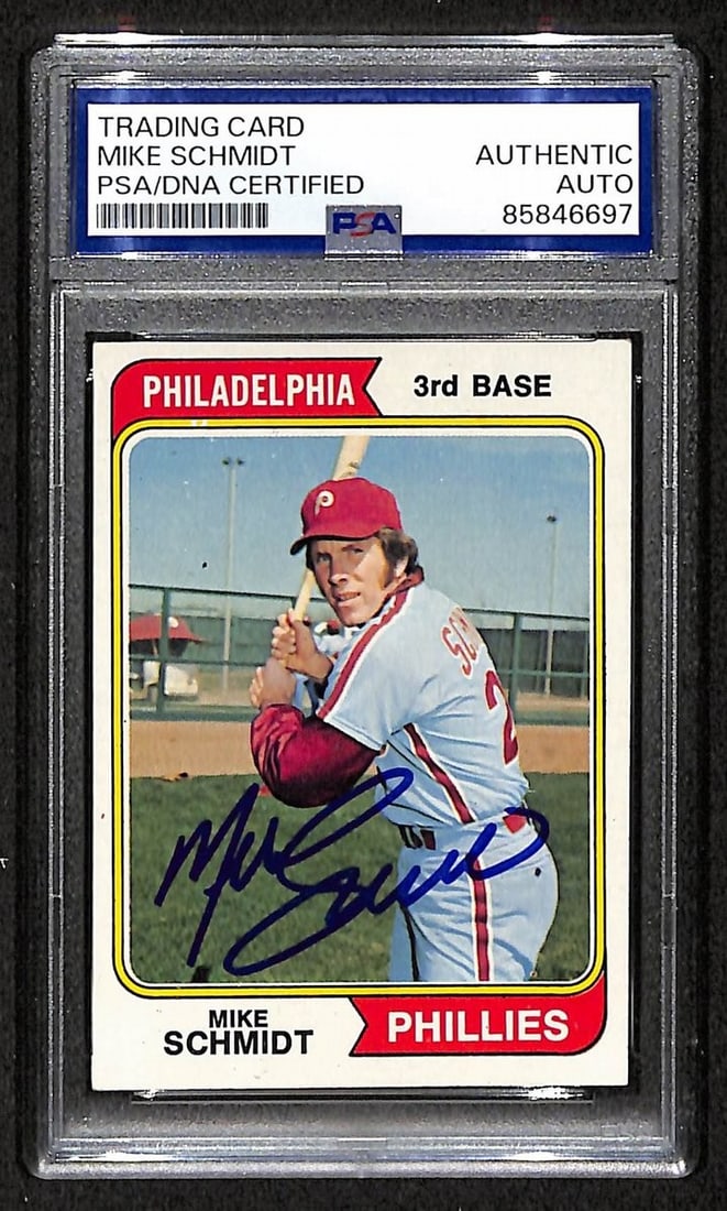 PSA DNA Autographed Mike Schmidt 1974 Topps 283 Phillies HOF Card: PSA DNA Autographed Mike Schmidt 1974 Topps 283 Phillies HOF Card Original Mike Schmidt 1974 Topps Card #283, signed/autographed and identified as a Phillies HOF collectible. Pre-owned item. Specifica