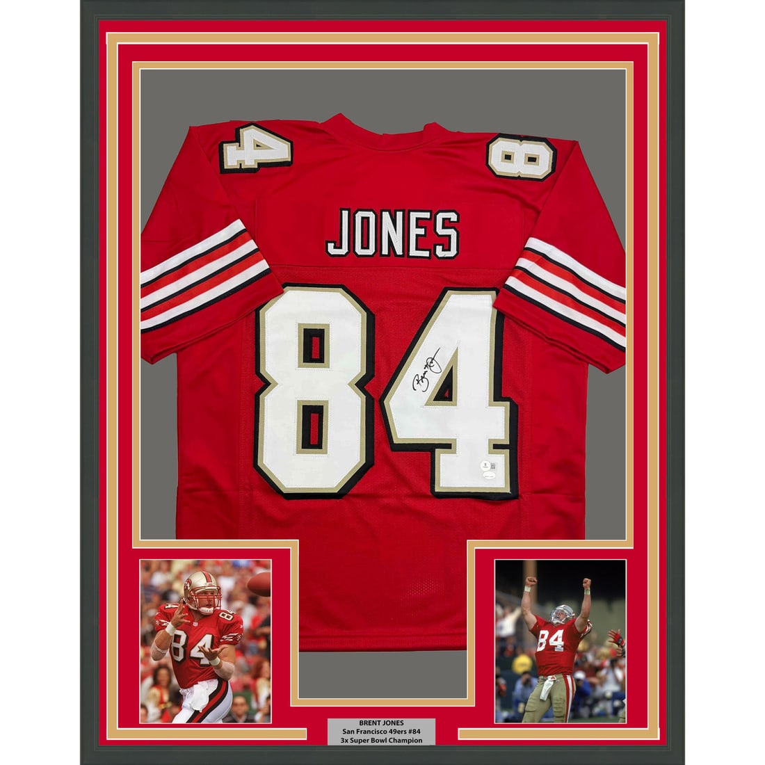 Framed Brent Jones Signed 35x39 San Francisco 49ers Red Alt Jersey BAS COA: Framed Brent Jones Signed 35x39 San Francisco 49ers Red Alt Jersey BAS COA This is a professionally framed and matted San Francisco 49ers red alternate jersey autographed by Brent Jones. The display i