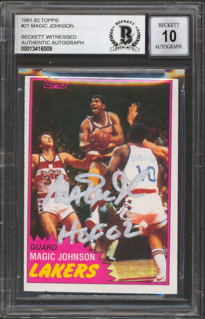 Magic Johnson Signed 1981 Topps #21 HOF 02 Card Gem Mint 10 BAS Slabbed: Magic Johnson Signed 1981 Topps #21 HOF 02 Card Gem Mint 10 BAS Slabbed This is a Gem Mint 10 graded 1981 Topps #21 basketball card personally signed by Magic Johnson, featuring the inscription "HOF 0
