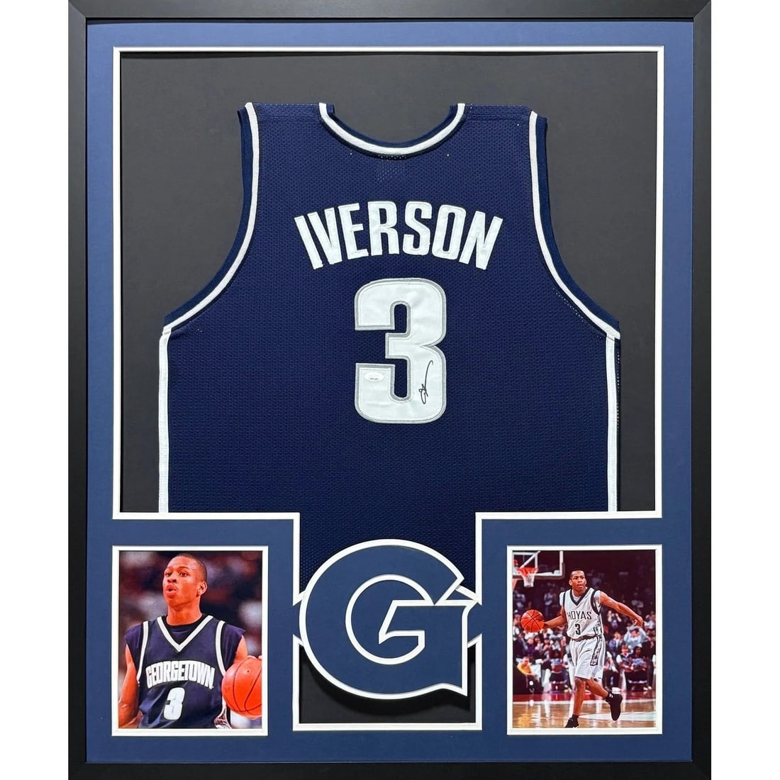 Allen Iverson Signed Framed Jersey JSA Certified Georgetown 76ers: Allen Iverson Signed Framed Jersey JSA Certified Georgetown 76ers Showcase your admiration for basketball legend Allen Iverson with this signed framed jersey. This autographed jersey is certified by J