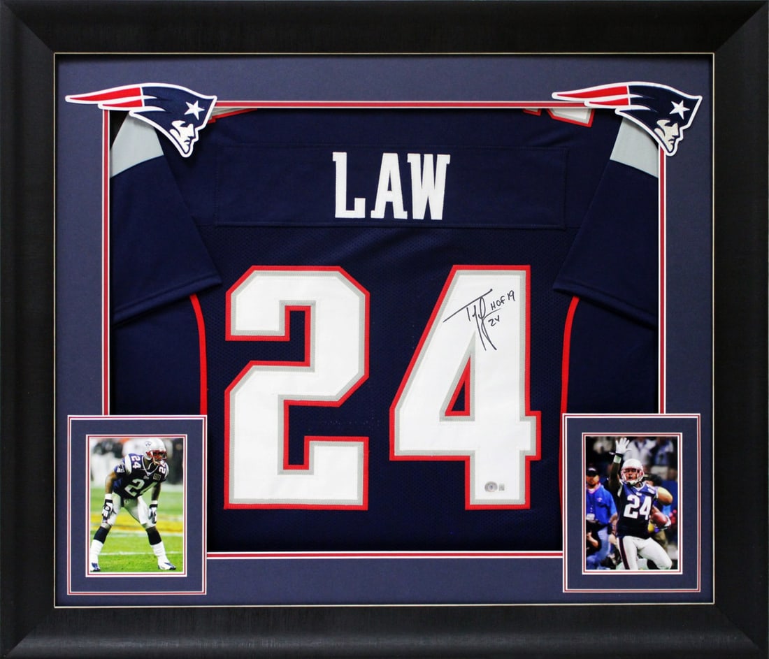 Ty Law Signed Navy Blue Framed Jersey HOF 19 BAS Authenticated: Ty Law Signed Navy Blue Framed Jersey HOF 19 BAS Authenticated Celebrate the legacy of Ty Law with this authentic, navy blue pro style framed jersey. Personally signed by the legendary New England Pat