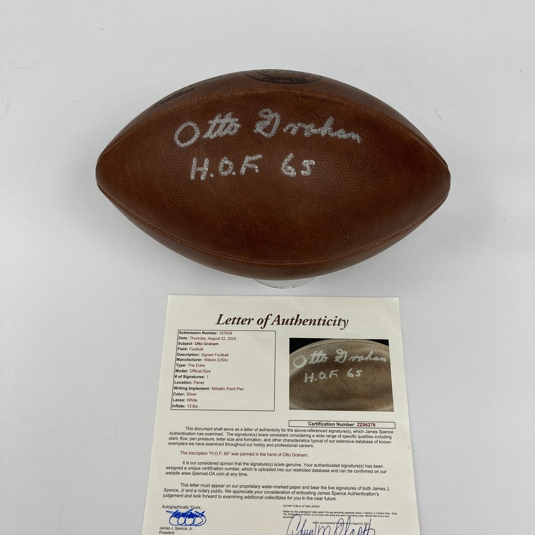 Wilson NFL Game Football Signed by Otto Graham JSA 1965 HOF: Wilson NFL Game Football Signed by Otto Graham JSA 1965 HOF Vintage Wilson NFL game football signed by Otto Graham and noted with Hall of Fame 1965. This original autographed football is authenticated