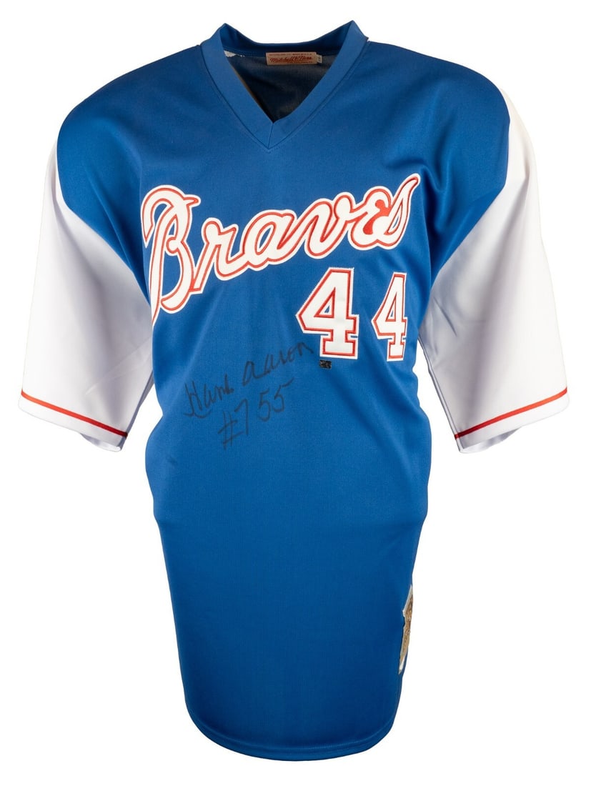 Hank Aaron Signed Atlanta Braves Jersey with 755 HRs Inscription JSA COA: Hank Aaron Signed Atlanta Braves Jersey with 755 HRs Inscription JSA COA Celebrate baseball history with this original Hank Aaron #755 Home Runs signed Atlanta Braves Mitchell & Ness jersey. This jers