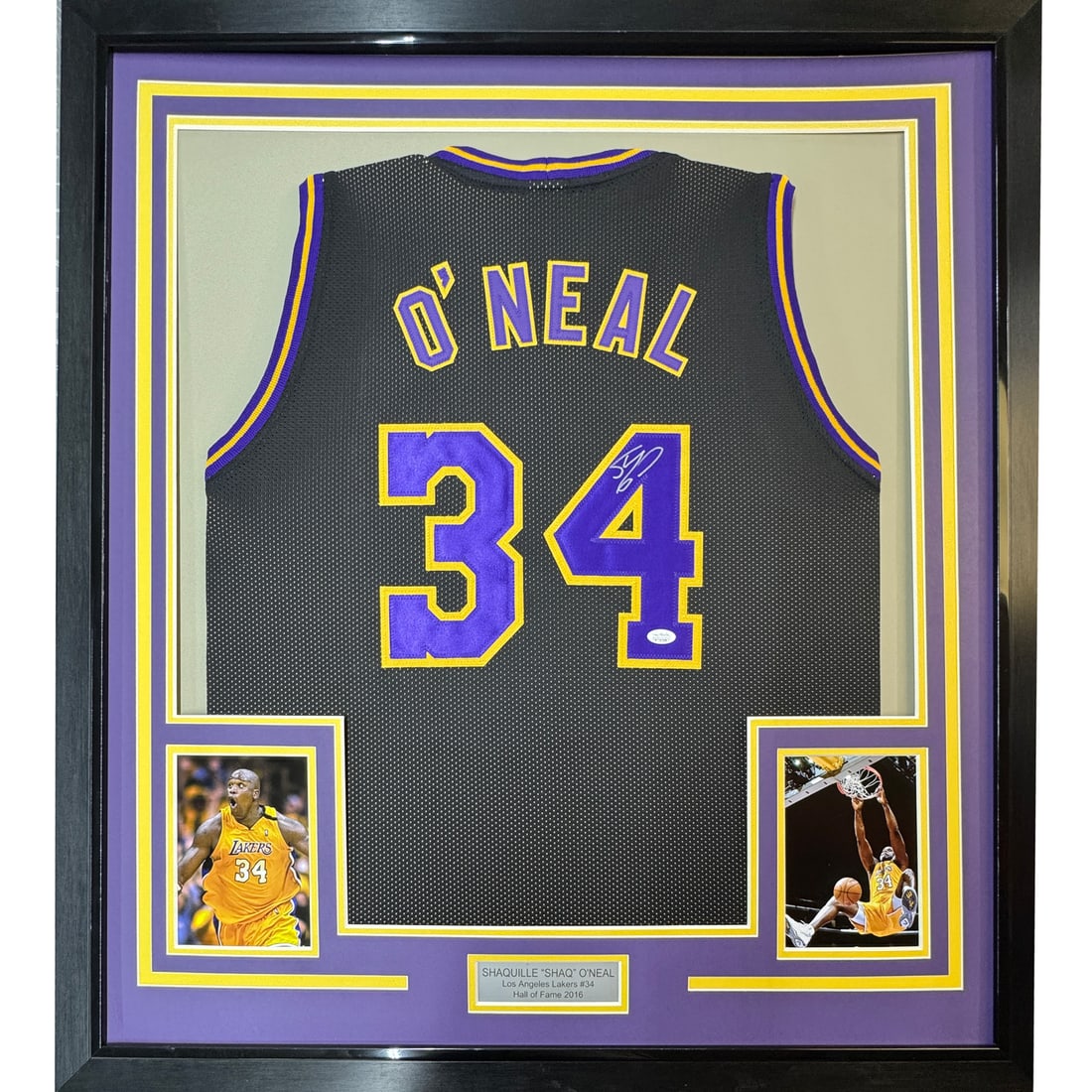 Framed Shaquille O Neal signed Lakers black jersey JSA COA 33x42: Framed Shaquille O Neal signed Lakers black jersey JSA COA 33x42 This framed Shaquille O'Neal Los Angeles Lakers black jersey features an authenticated autograph, certified by James Spence Authenticat