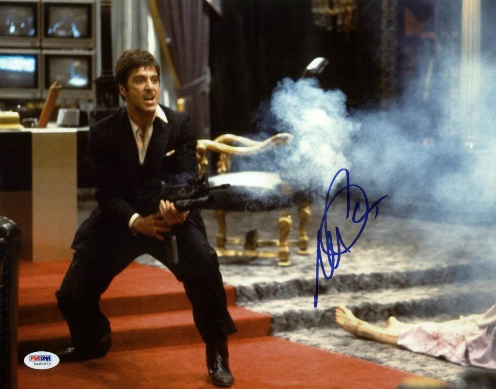 Al Pacino Signed Scarface Say Hello 11x14 Photo PSA ITP: Al Pacino Signed Scarface Say Hello 11x14 Photo PSA ITP This 11 x 14 photograph features Al Pacino's iconic portrayal in Scarface, signed with the famous quote 'Say Hello To My Little Friend.' The aut