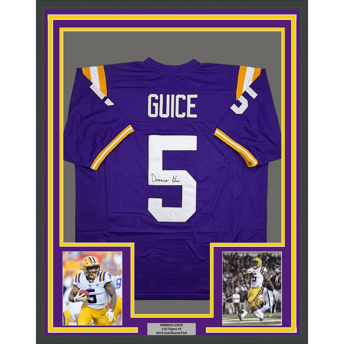 Derrius Guice signed LSU Tigers framed purple football jersey JSA 35x39 (1 of 2)