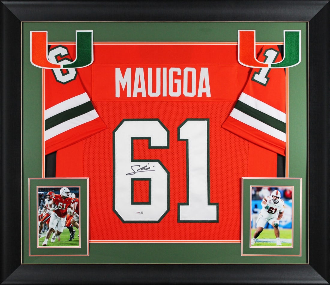 Framed orange football jersey signed by Francis Mauigoa JSA (1 of 2)
