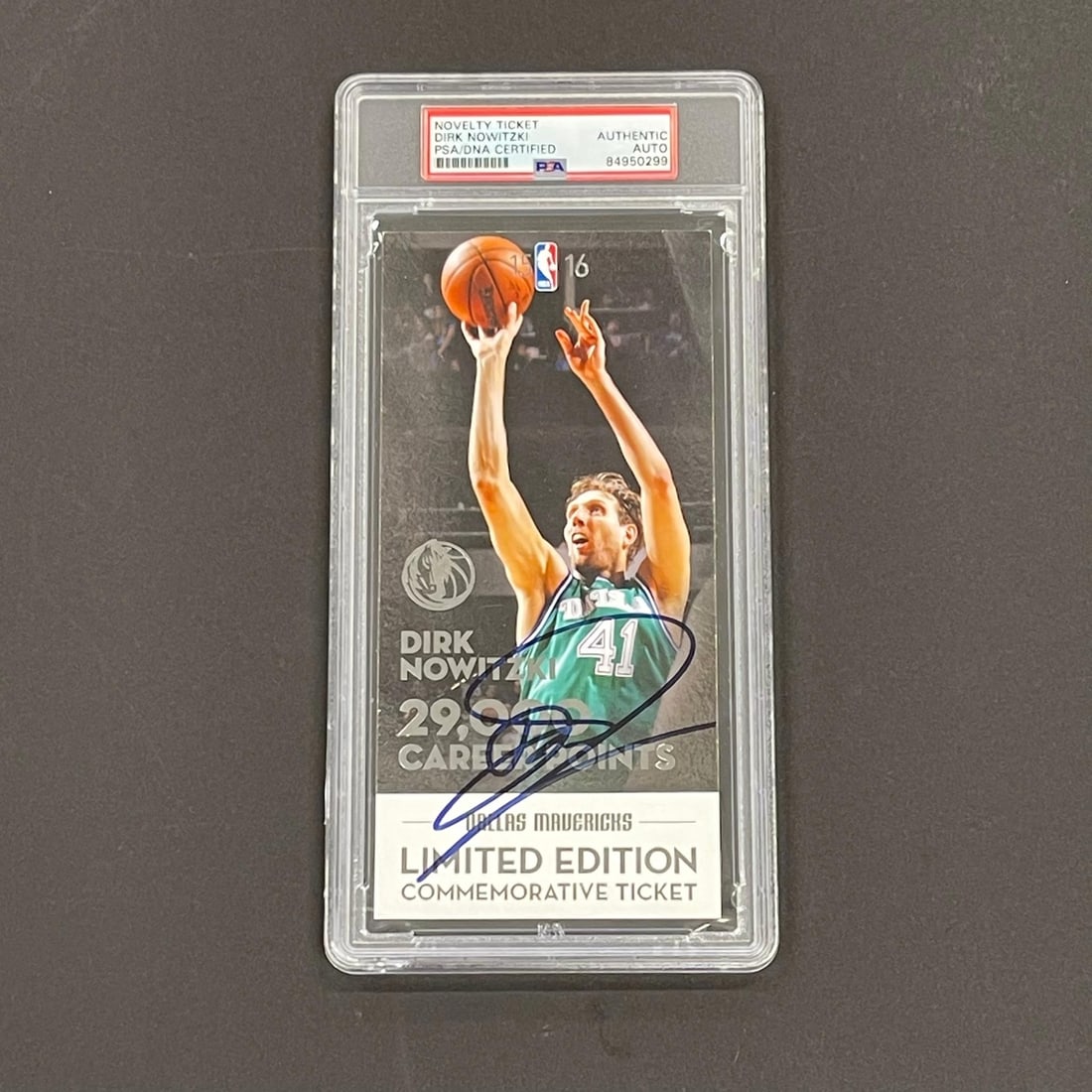 Dirk Nowitzki Signed 2016 NBA Ticket PSA/DNA Mavericks vs Sixers: Dirk Nowitzki Signed 2016 NBA Ticket PSA/DNA Mavericks vs Sixers This is an original NBA ticket from the game between the Sixers and Mavericks held on February 21st, 2016, signed by Dirk Nowitzki, a l