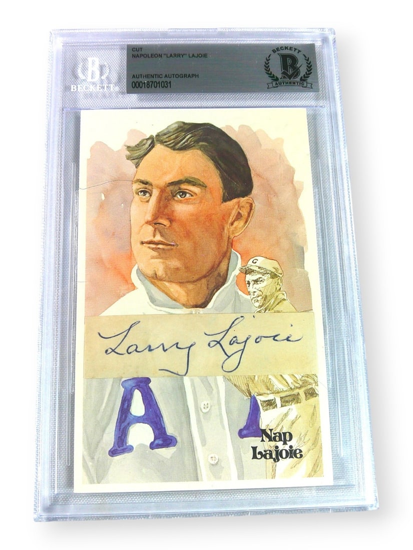 Larry Nap Lajoie Cut Autograph With Philadelphia Athletics Postcard Beckett Authenticated: Larry Nap Lajoie Cut Autograph With Philadelphia Athletics Postcard Beckett Authenticated This is an original cut signature autographed by Larry "Nap" Lajoie, accompanied by a postcard featuring the P