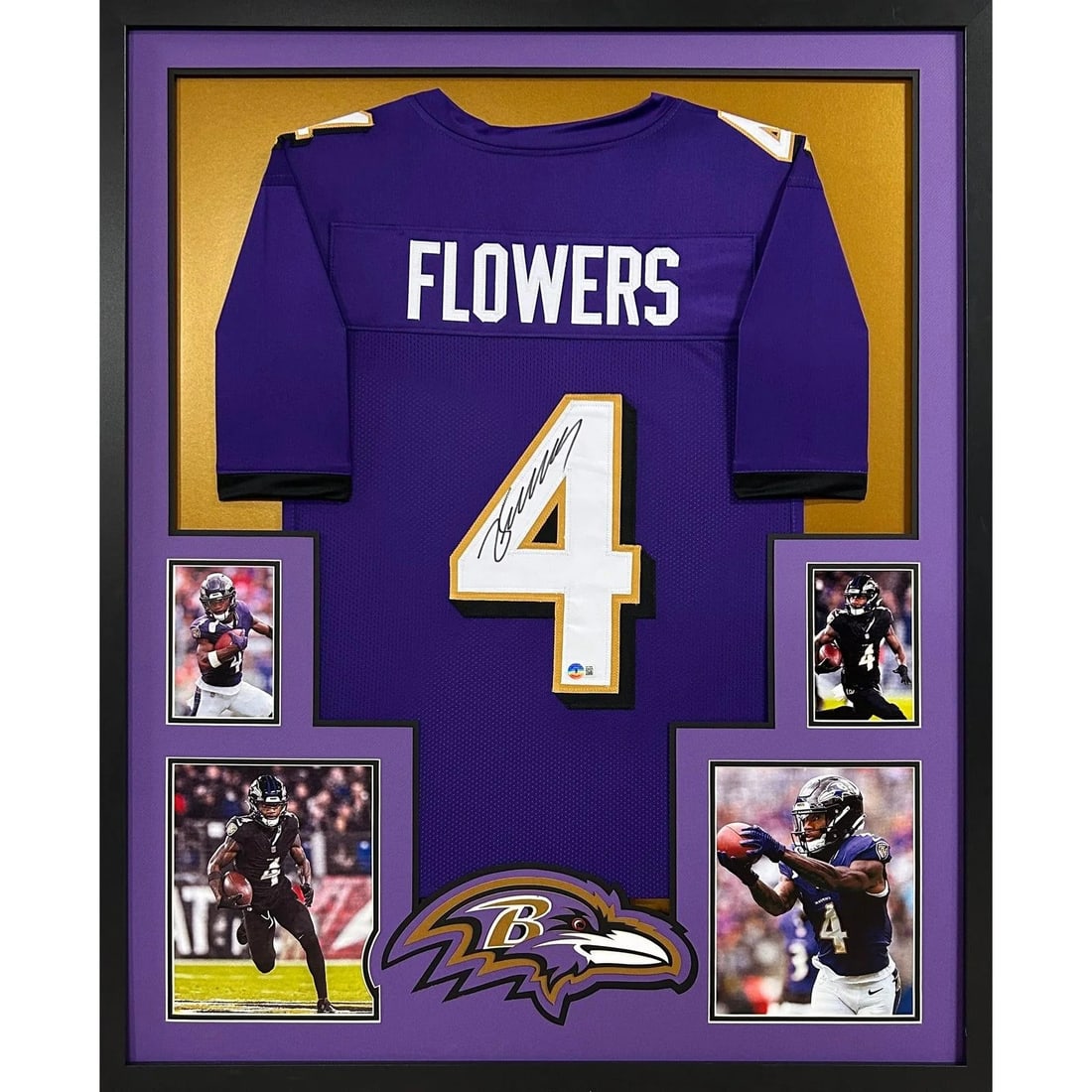 Zay Flowers Autographed Framed Jersey with Beckett Authentication: Zay Flowers Autographed Framed Jersey with Beckett Authentication This is an autographed Zay Flowers framed jersey, featuring the Baltimore Ravens logo. The jersey is authenticated by Beckett, a leadi