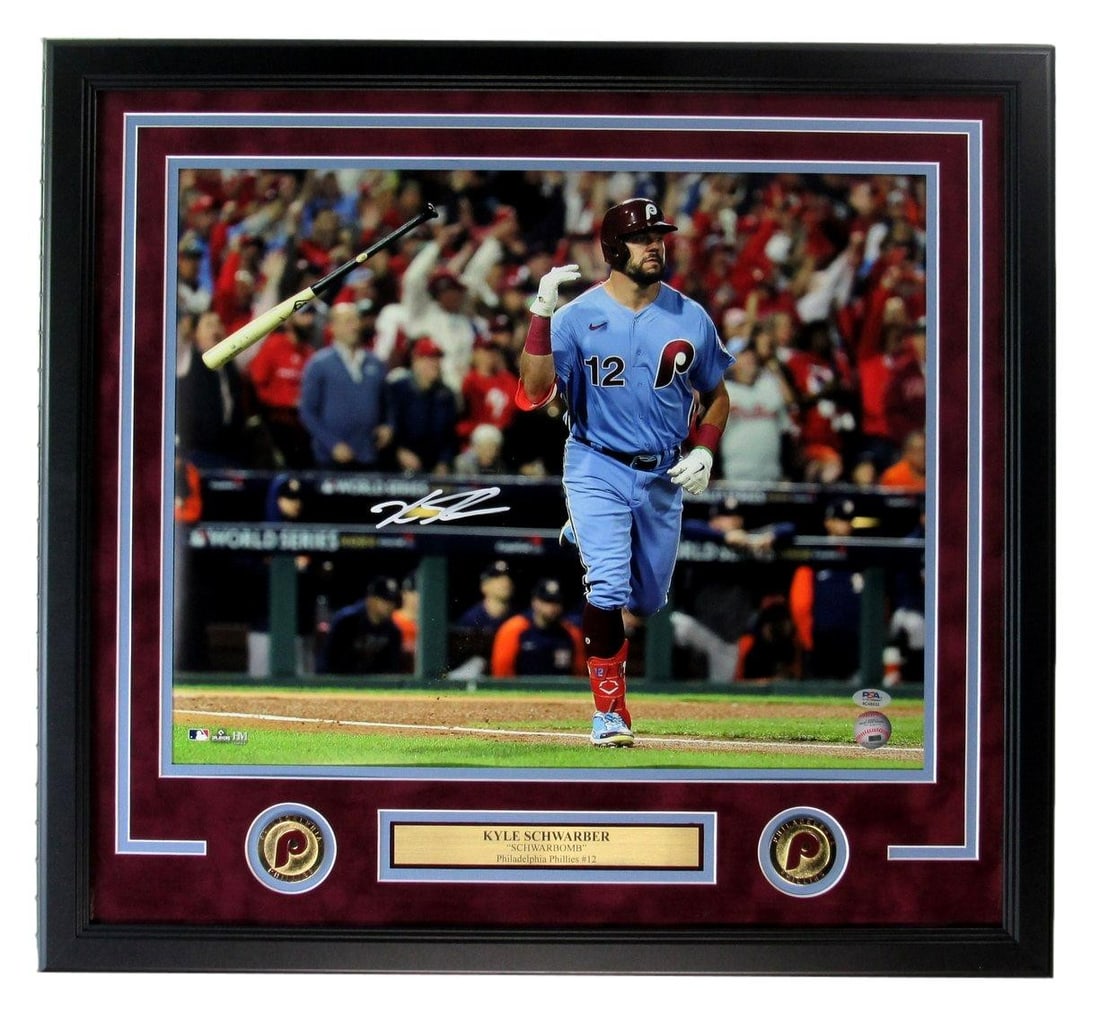 Framed 16x20 signed photo Kyle Schwarber Philadelphia Phillies PSA DNA: Framed 16x20 signed photo Kyle Schwarber Philadelphia Phillies PSA DNA Framed original 16x20 photograph signed by Kyle Schwarber and featuring the Philadelphia Phillies. The autograph is authenticated