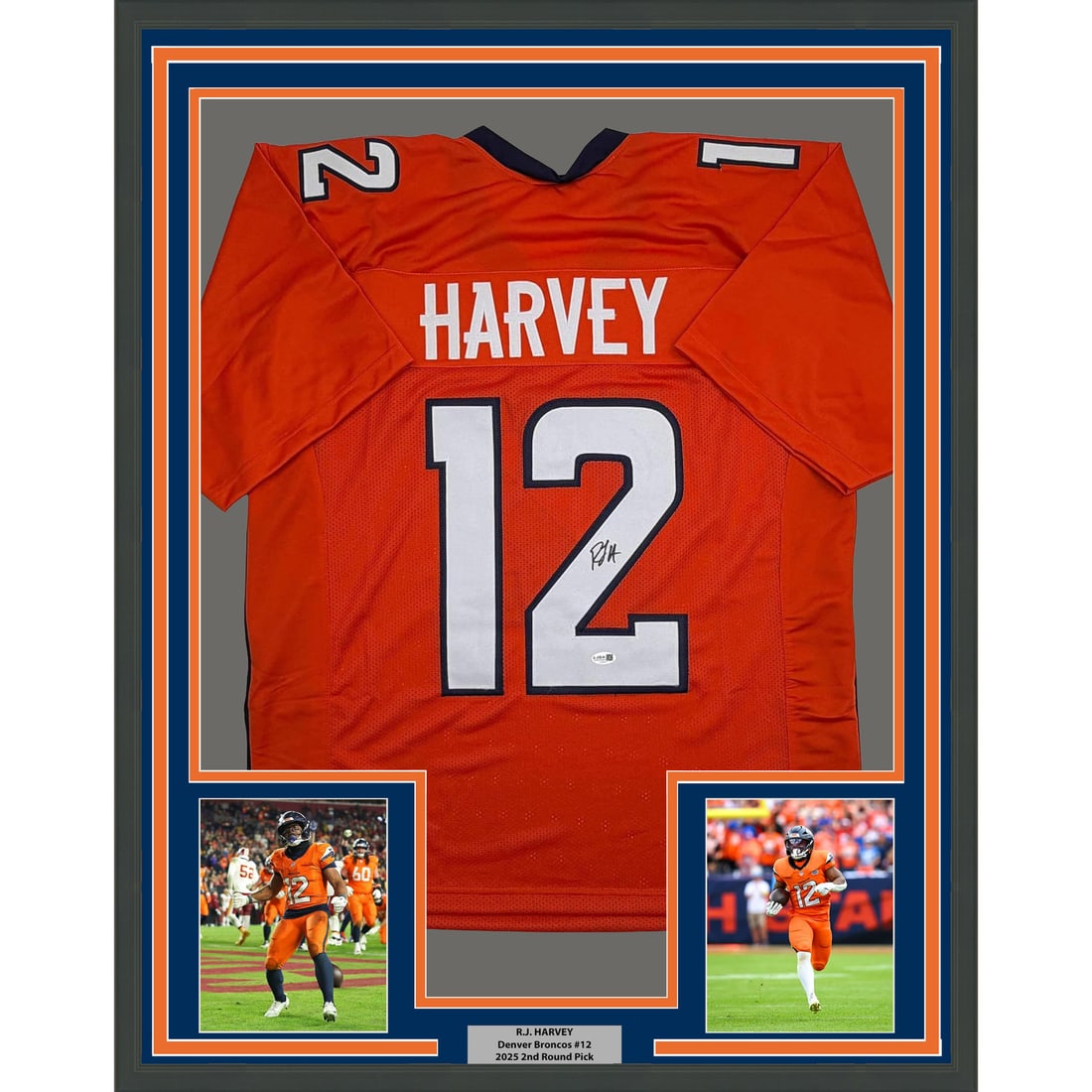 R.J. Harvey Framed Orange Denver Jersey Signed with JSA COA 35x36: R.J. Harvey Framed Orange Denver Jersey Signed with JSA COA 35x36 This framed Denver Broncos jersey features the autograph of R.J. Harvey. The jersey is professionally framed and matted alongside two 