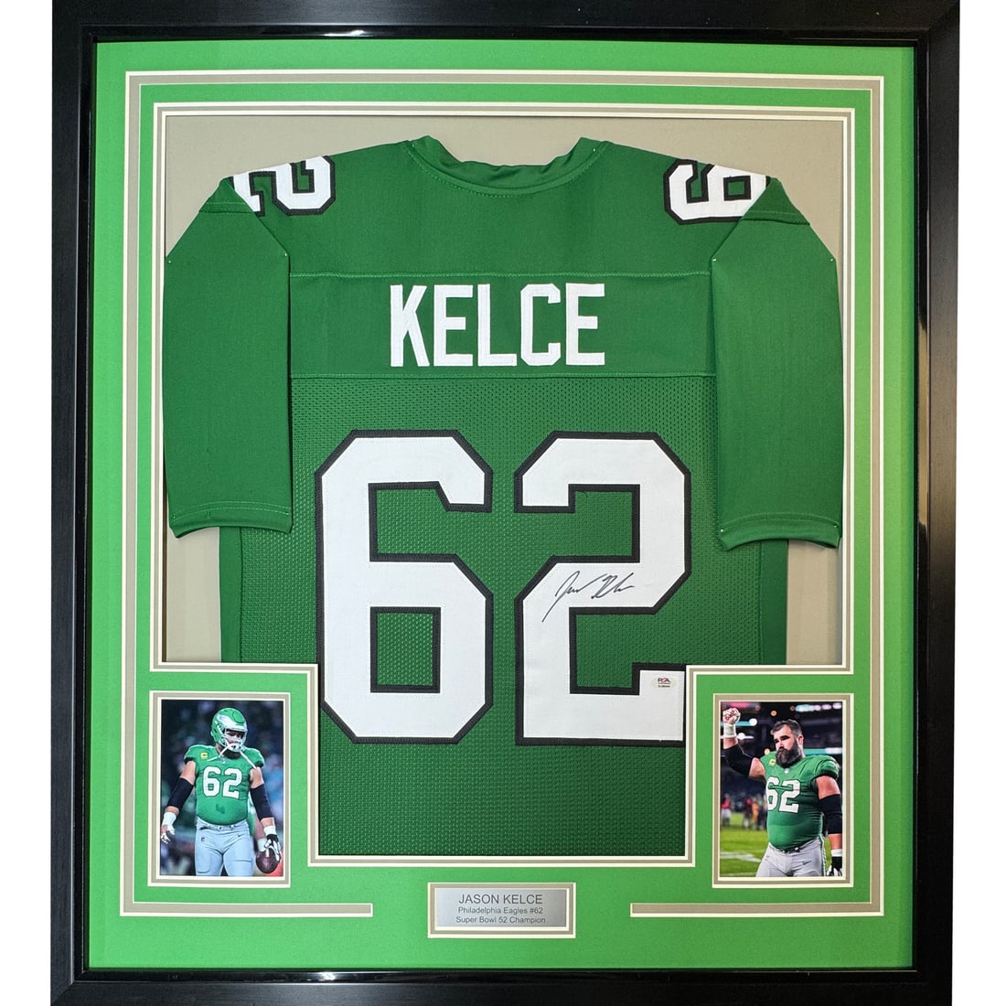 PSA DNA Framed Jason Kelce Signed Kelly Green Eagles Jersey: PSA DNA Framed Jason Kelce Signed Kelly Green Eagles Jersey This framed Jason Kelce jersey features his authentic signature and comes with PSA/DNA authentication. The jersey is presented in a professi