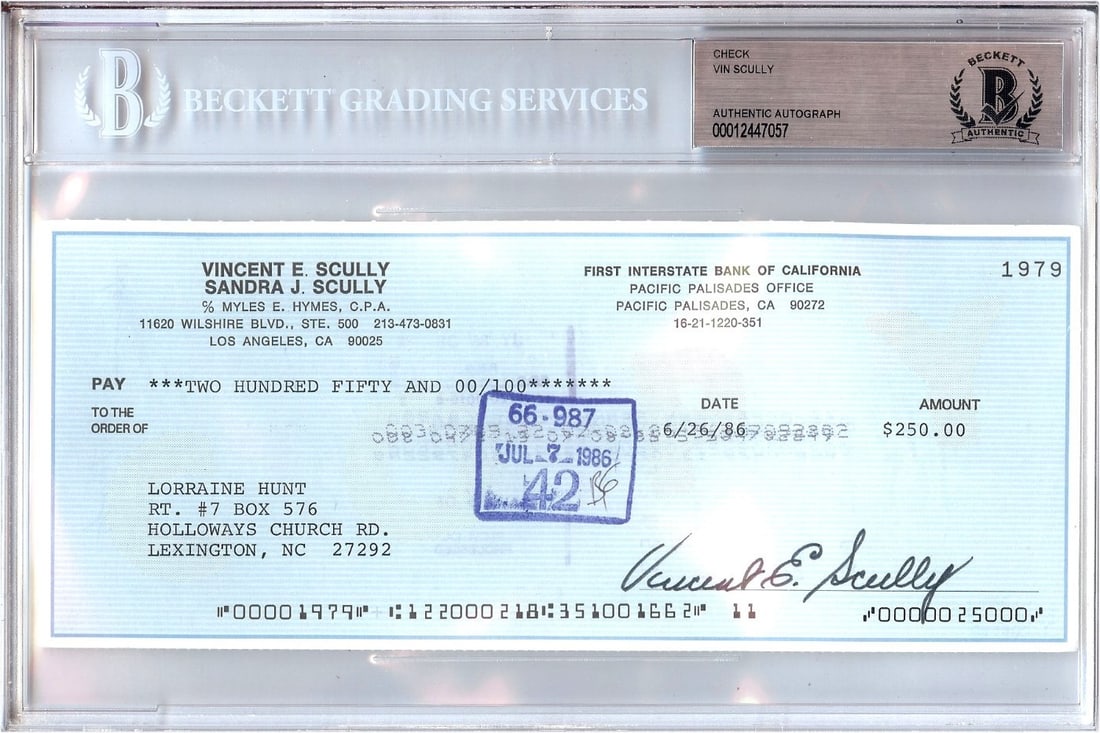 Vin Scully Autographed Personal Check LA Dodgers Beckett Authenticated: Vin Scully Autographed Personal Check LA Dodgers Beckett Authenticated This is an original personal check personally signed by Vin Scully, the legendary broadcaster for the Los Angeles Dodgers. The ch