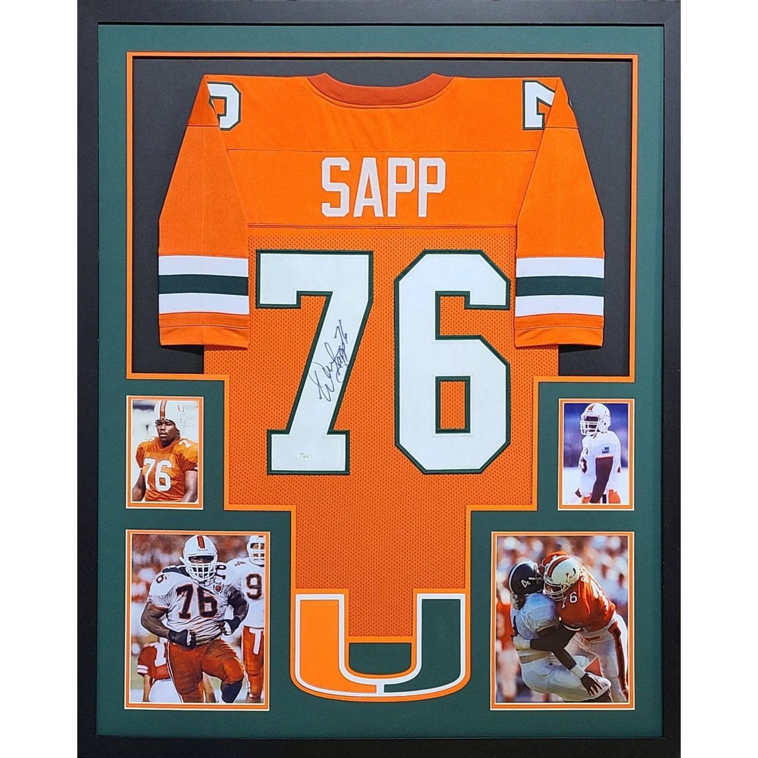 Framed JSA Authenticated Warren Sapp Signed Buccaneers Jersey Display: Framed JSA Authenticated Warren Sapp Signed Buccaneers Jersey Display This is a pre-owned, framed Miami and Tampa Bay Buccaneers jersey autographed by Warren Sapp. The jersey is authenticated by JSA a