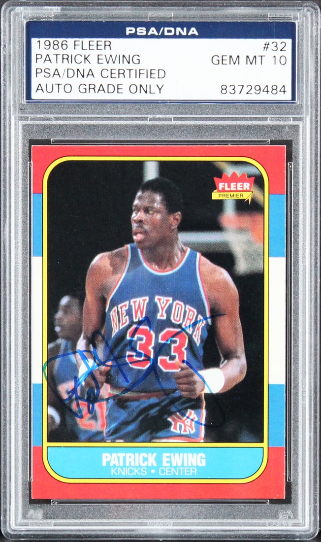 Patrick Ewing Signed 1986 Fleer Card PSA Gem Mint 10 Slabbed Auto: Patrick Ewing Signed 1986 Fleer Card PSA Gem Mint 10 Slabbed Auto This 1986 Fleer #32 basketball card features Patrick Ewing and has been personally signed by him. The autograph has received a Gem Min