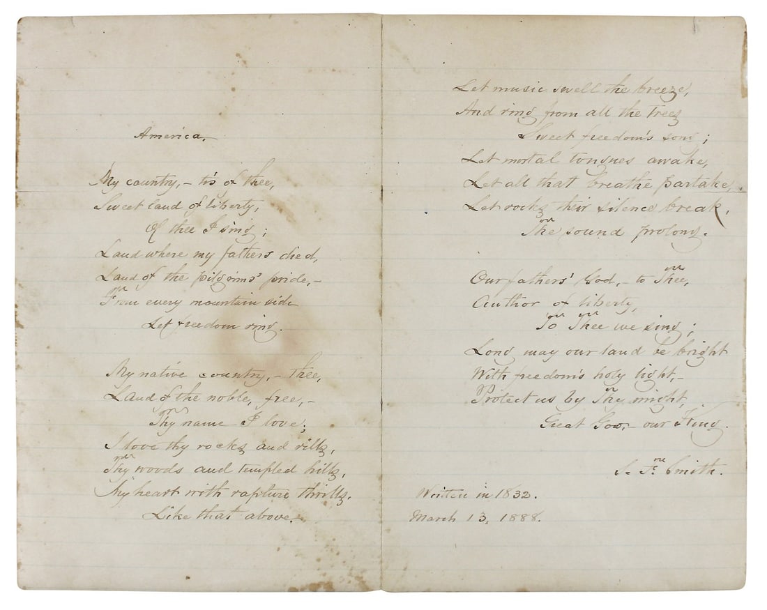 Beckett Authenticated Samuel Francis Smith Signed 8x10 Handwritten Poem (1 of 5)