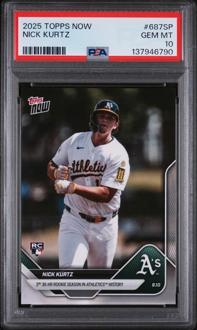 PSA 10 Gem Mint Nick Kurtz 2025 Topps Now Rookie Card #687SP Athletics: PSA 10 Gem Mint Nick Kurtz 2025 Topps Now Rookie Card #687SP Athletics This is an original 2025 Topps Now Nick Kurtz #687SP Rookie RC baseball card, professionally graded PSA 10 Gem Mint by Profession