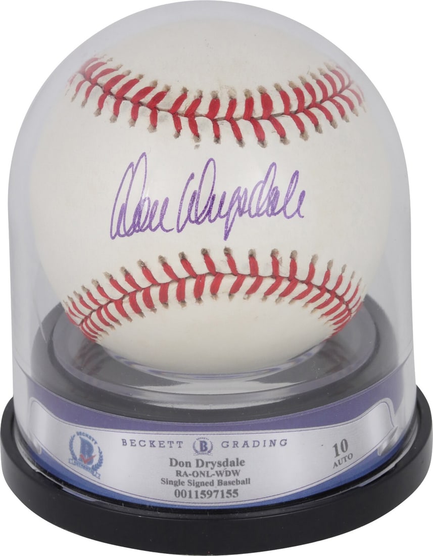 Don Drysdale Signed Baseball BGS 10 GEM MINT Beckett Authenticated: Don Drysdale Signed Baseball BGS 10 GEM MINT Beckett Authenticated This is a Don Drysdale single-signed National League baseball, authenticated by Beckett Authentication Services (BAS). The baseball i