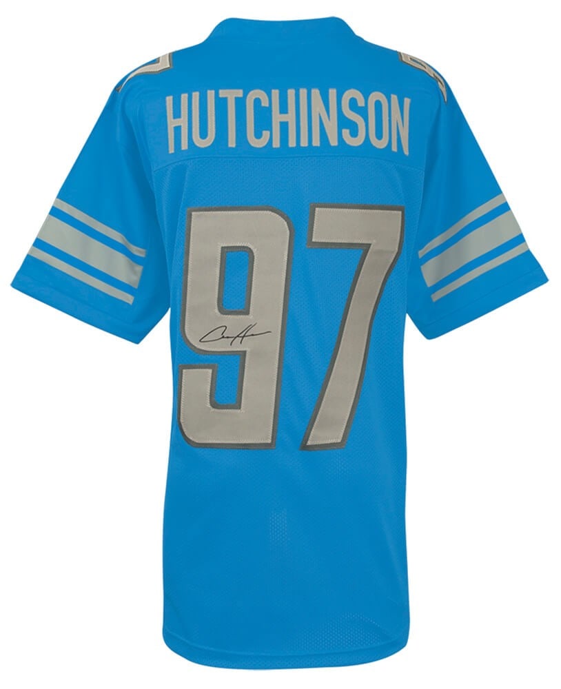 Blue Custom Detroit Lions Jersey Signed by Aidan Hutchinson: Blue Custom Detroit Lions Jersey Signed by Aidan Hutchinson Signed blue custom football jersey featuring Aidan Hutchinson of the Detroit Lions. This original autograph item is pre-owned and includes a